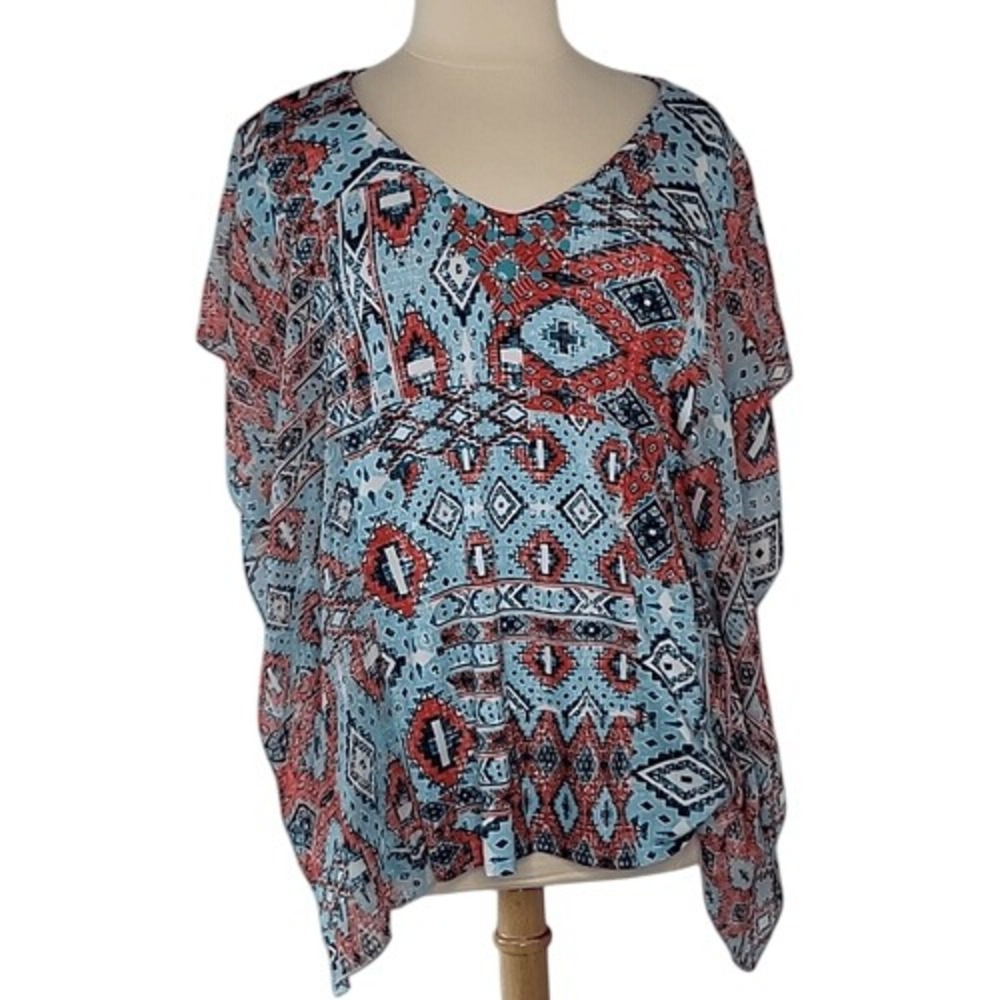 Ruby Rd Red & Blue Embellished V-Neck Top